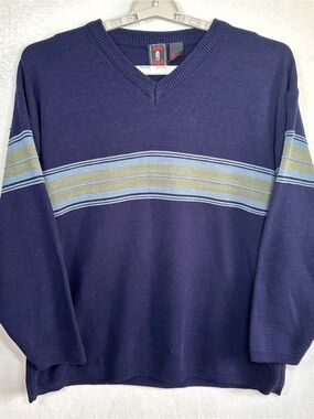 Morbid Threads V Neck Sweater Mens XL Navy Blue Striped Pullover Y2K Hot Topic